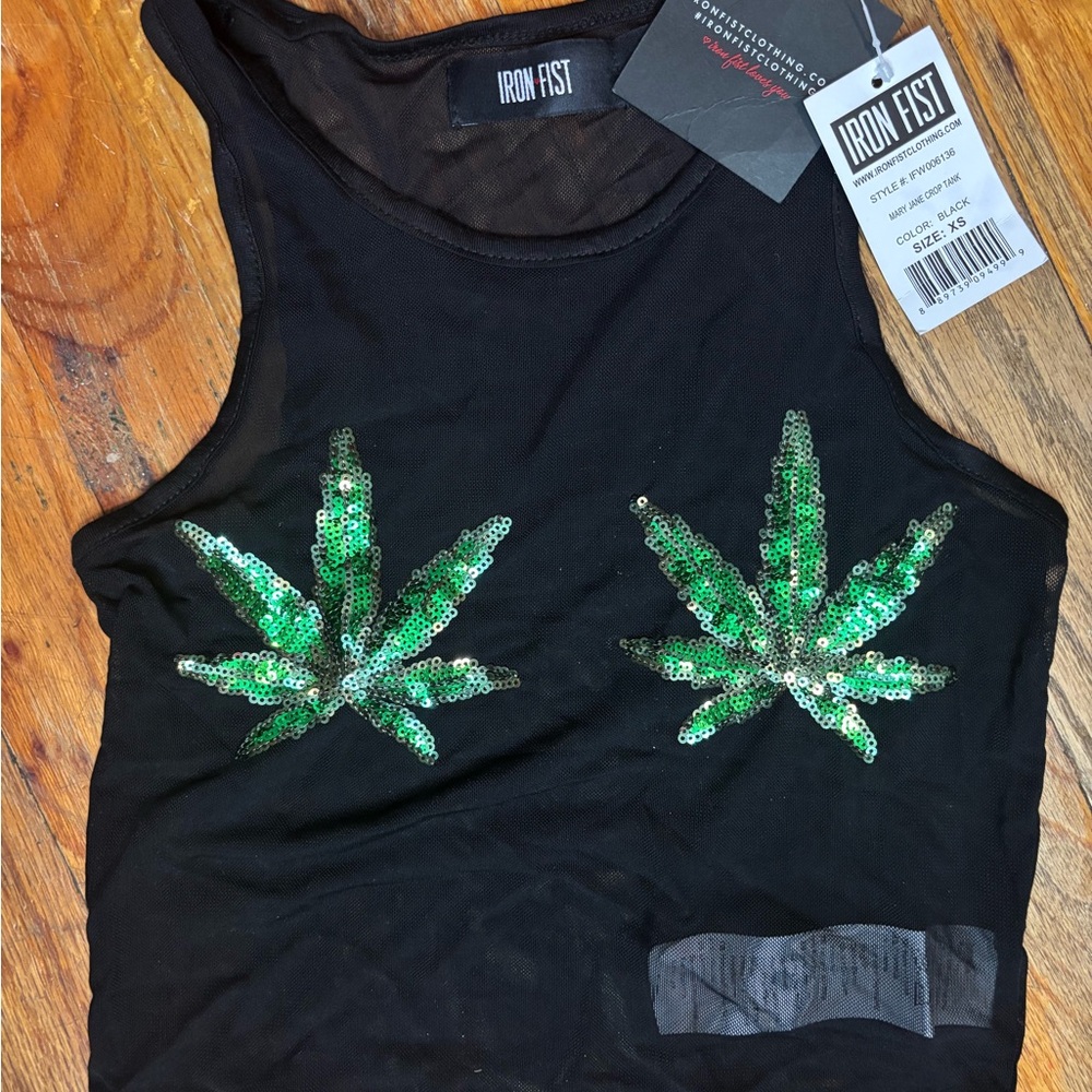 Iron Fist Sequin Black Tank Top Green Leaf Design
